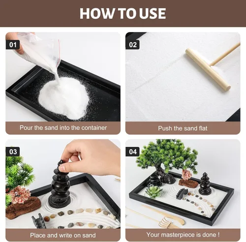 Miniatura 4 de Kit de jardín zen para decoración de escritorio - Juego de caja de arena mini japonés premium y hermoso para el hogar, oficina con bandeja de madera