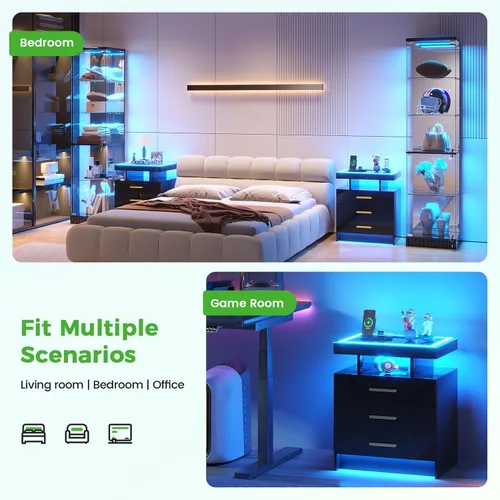 Miniatura 7 de HNEBC Mesita de noche LED con estación de carga, mesita de noche inteligente con luces de sensor de movimiento, 3 cajones, parte superior de vidrio