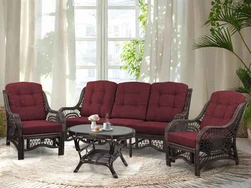 Miniatura 17 de Malibu Lounge Juego de 4: 2 sillas de mimbre de ratán natural, sofá de tres plazas con cojines marrón claro y mesa de centro con vidrio hecho a
