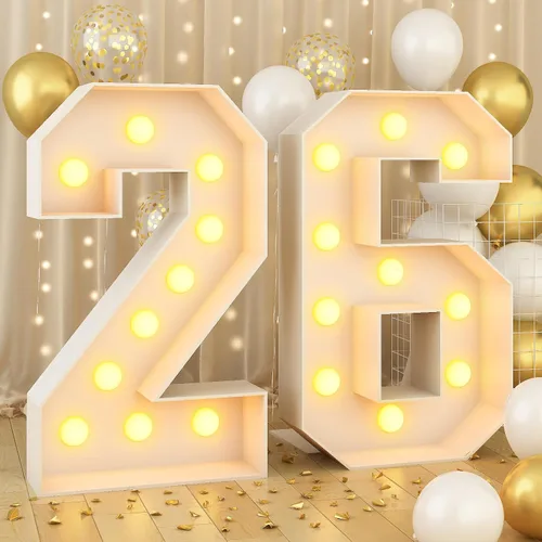 Miniatura 11 de Marquesina grande de número 0 blanca con luces y marco de mosaico, letra 0 para decoración de fiesta de cumpleaños, cartón precortado, tablero