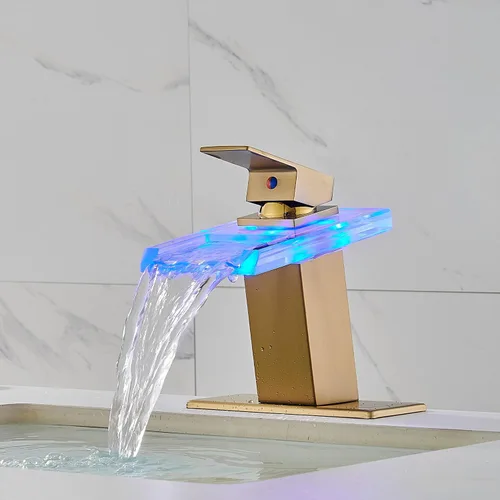 Miniatura 8 de AVSIILE llave LED para fregadero de baño, grifo de lavabo de cascada dorado cepillado con un orificio, mango de un solo agujero para fregaderos, 1