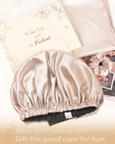 Miniatura 6 de YANIBEST Gorro de Satén Ajustable de Doble Capa para el Cabello para Dormir, Gorros para Mujeres, Sombreros para Cabello Natural Rizado, Champán