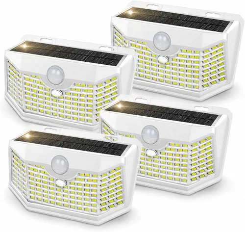 HMCITY 120 luces LED solares para exteriores con sensor de movimiento y 3 modos de iluminación, IP65 impermeables, amplias, luces solares de pared