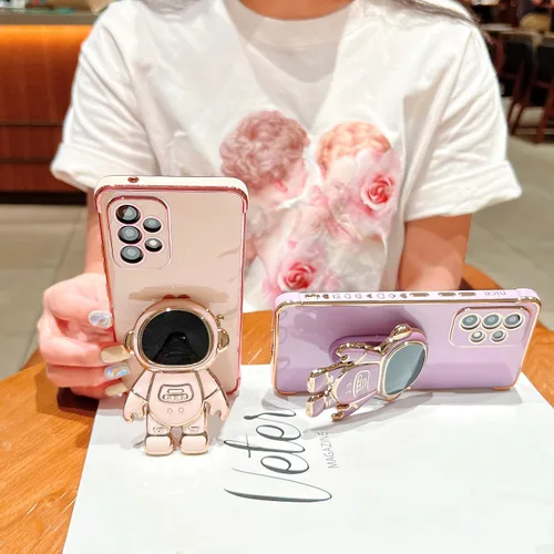 Miniatura 4 de Funda para Samsung Galaxy S22 con soporte de astronauta, funda galvanizada de lujo con protección para cámara, lindo patrón lateral de corazón
