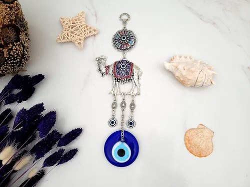 Miniatura 6 de Abalorio de cristal azul con protección contra el mal de ojo, color camello, cuentas turcas de nazar, adorno colgante de pared de color camel contra