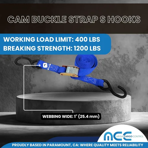 Miniatura 2 de Mega Cargo Control - Hebilla de leva resistente de 1" x 6' con ganchos S recubiertos de negro - WLL 400 lbs. Paquete de 4