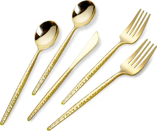Miniatura 11 de SUT 150 piezas de cubiertos de plástico dorado, utensilios de plástico, cubiertos dorados desechables, utensilios desechables resistentes, juego