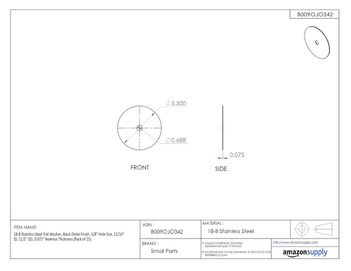 Small Parts Arandela plana de acero inoxidable 18-8, acabado de óxido negro, tamaño del orificio de 1/2", diámetro interior de 1-7/32", diámetro