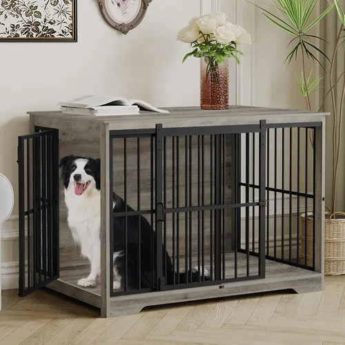Miniatura 10 de Hzuaneri XXL Mueble de jaula grande para perros, mueble de perrera de interior de 46.9" con puerta de granero, jaula alta de madera para perros