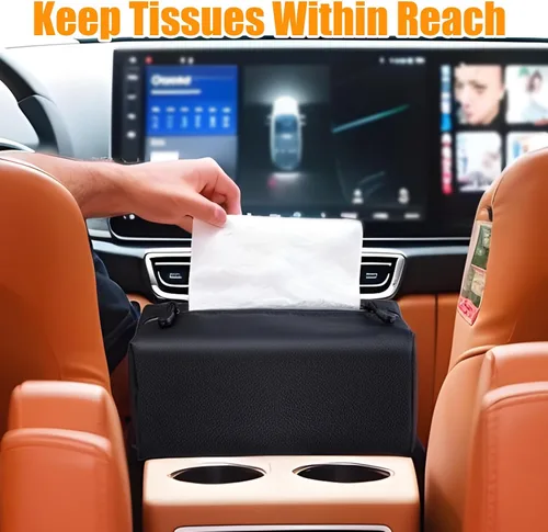 Miniatura 3 de Car Tissue Holder for 120-160-230 Count Kleenex Facial Tissues Box - Waterproof Zipper Cover, Soft Black Leather with Adjustable Strap, Ideal for