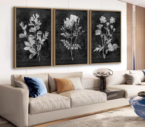 Miniatura 9 de Arte de Pared Enmarcado Rústico Grande - Cuadros de Lienzo Negro con Ramas de Flores Marrones con Marco Flotante Natural, Decoración Retro de Hojas