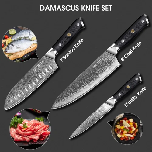 Miniatura 7 de MOSFiATA Juego de cuchillos de chef profesional de Damasco, 3 piezas, cuchillo de chef de 8 pulgadas, cuchillo Santoku de 7 pulgadas y cuchillo