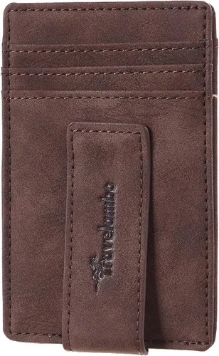 Travelambo Portamonedas con clip para el dinero para hombres, cartera de cuero delgada minimalista, titular de tarjeta con bloqueo RFID (tejido