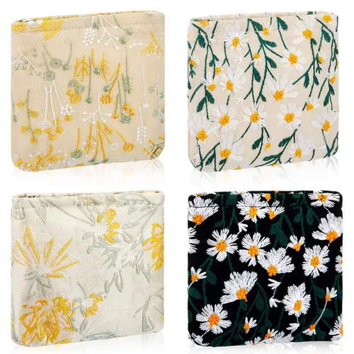 Miniatura 10 de Abbylike 4 piezas de bolsa de maquillaje floral, bolsa de cosméticos de pana con cremallera, pequeñas bolsas portátiles para bolso, mini bolsa