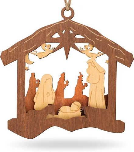 Miniatura 8 de Creawoo Adornos de belén, adorno colgante de madera de Navidad en forma de estrella, recuerdo de belén para árbol de Navidad, decoración