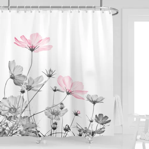 Cortina de ducha de 72" x 72" con flores grises y rosas, gris y blanco, flores silvestres, margaritas, plantas, pintura de tinta, botánica,