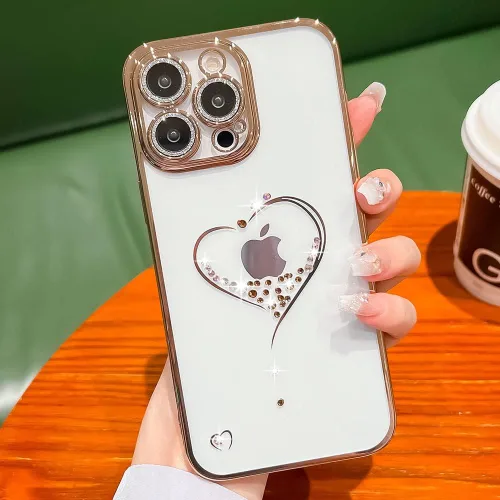 Miniatura 3 de Bling Glitter Heart compatible con iPhone 13 de 6.1 pulgadas, lindo protector de cámara completo brillante para mujer, funda de teléfono chapada