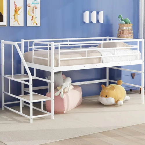 Miniatura 11 de Harper & Bright Designs Cama tipo loft con techo y escalera integrada, cama alta de metal tamaño individual con ventana y valla de seguridad