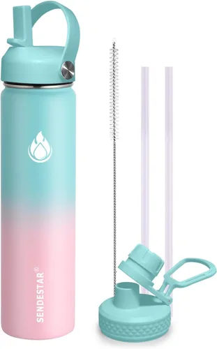 Miniatura 47 de SENDESTAR Botella de agua aislada de 24 onzas, boca ancha, botella de agua de 24 onzas con tapa con popote, tapa de boquilla, acero inoxidable