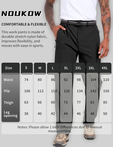 Miniatura 8 de NOUKOW Pantalones de senderismo para hombre, de secado rápido, ligeros, impermeables, elásticos, 6 bolsillos con cremallera y cinturón