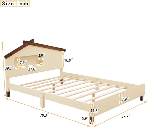 Miniatura 3 de Quarte Cama de plataforma de madera de tamaño matrimonial para niños con cabecera en forma de casa y luces nocturnas activadas por movimiento,