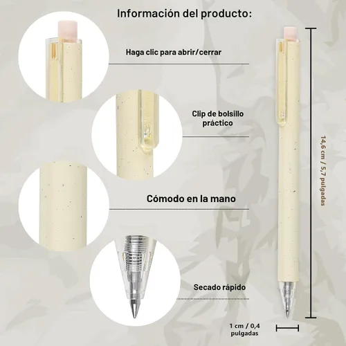 Miniatura 3 de Paquete de 12 bolígrafos de gel color beige crema, bonitos bolígrafos retráctiles estéticos de tinta negra neutra, punta fina de 0.020 in, secado