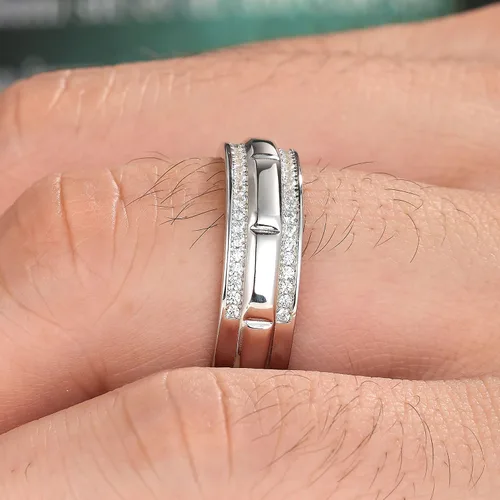 Miniatura 4 de Anillo de boda de oro blanco para hombre, plata de ley 925 con 13 circonitas cúbicas de corte redondo, anillo de compromiso para él, talla 7-14