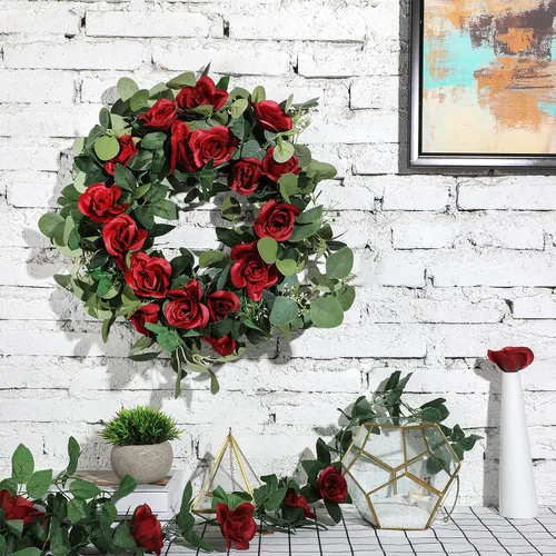 Miniatura 6 de Syhood Guirnalda de rosas artificiales, enredaderas y hojas, pancartas colgantes, guirnalda floral falsa para ceremonia de arco de boda, hogar, Rojo
