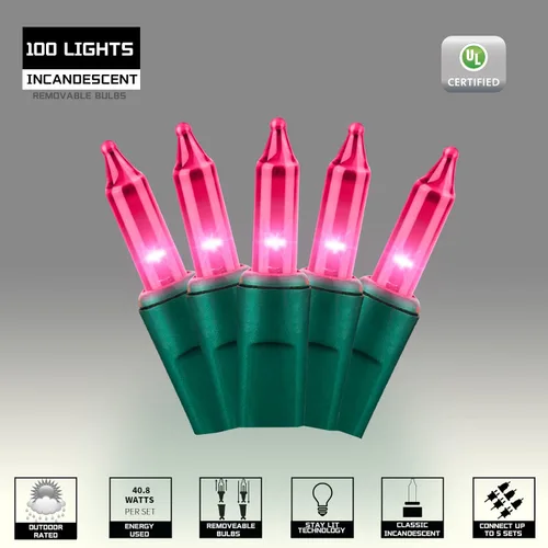 Miniatura 2 de Juego de luces de cuerda decorativas navideñas de 100 luces rosas extra brillantes con conectores de extremo, 5.98 m, certificadas UL, mini juego