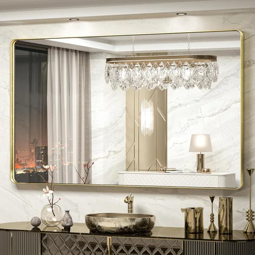 Miniatura 29 de TokeShimi Espejo redondo dorado de 36 pulgadas, espejo redondo de baño para pared con aleación de aluminio antioxidante, marco de metal dorado Oro