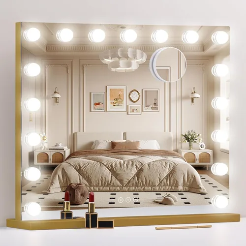 Miniatura 13 de Espejo de tocador con luces, espejo de maquillaje iluminado con bombillas LED regulables, 3 modos de iluminación de color, puerto de carga USB, Negro