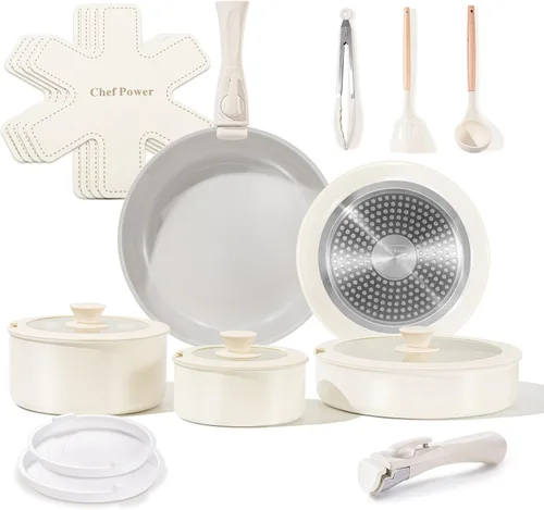 Juego de ollas y sartenes antiadherentes de cerámica Chef Power de 19 piezas con asa desmontable, juego de utensilios de cocina apto para inducción,