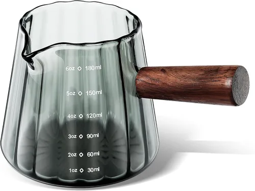 Miniatura 9 de Joeyan 4 onzas Gris Jarra medidora de triple boquilla con asa de madera, taza medidora de vidrio de borosilicato estriado de alta calidad, vasos