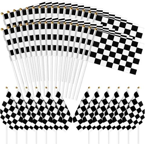 30 Piezas Banderas de Carreras a Cuadros en Blanco y Negro con Palo, Pequeñas Mini Banderas de Mano para Coches de Carreras, Decoraciones para
