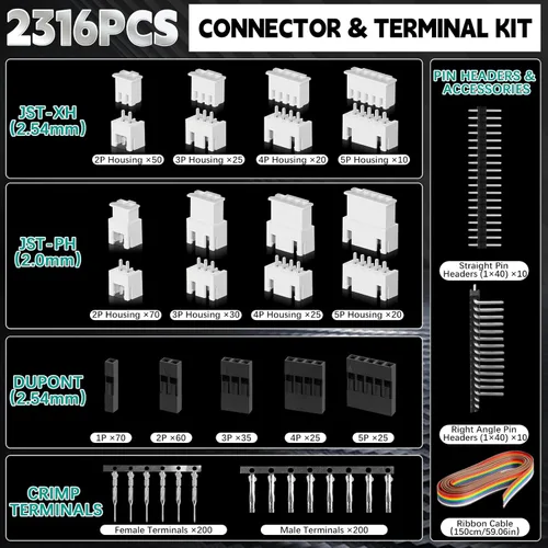 Miniatura 2 de Kit de crimpadora de trinquete SN-2549, 2316 piezas de conectores y terminales JST-XH 2.54mm/JST-PH 2.0mm/DuPont, con cabeceras de pines y cable