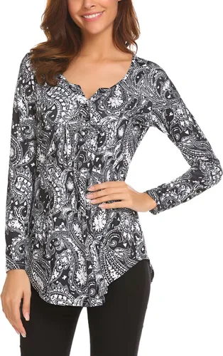 Miniatura 3 de Blusa de manga larga con estampado floral Henley cuello en V, plisada, casual, acampanada, para mujer