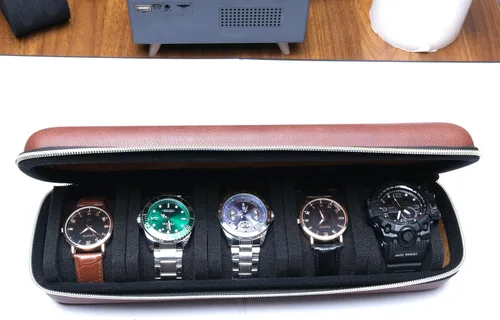 Funda de viaje para reloj de cuero duro con 5 ranuras, almacenamiento y organizador para hombres y mujeres, con almohada de reloj antimovimiento