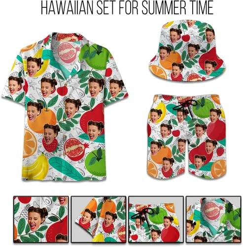 Miniatura 3 de Personalized Custom Face Tropical Unisex Hawaiian Shirt and Shorts Set with Bucket Hat S-5XL