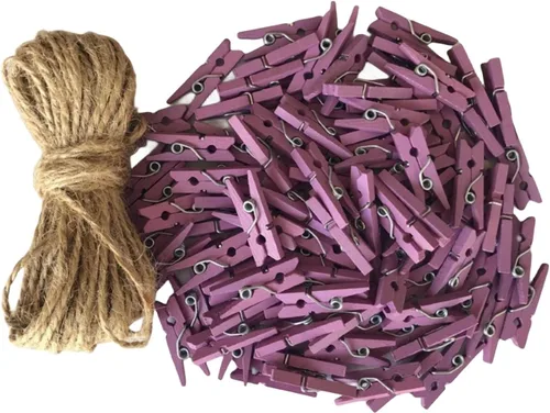 Miniatura 8 de Alfileres de ropa en miniatura para manualidades, adornos de decoración de Navidad, clips pequeños con cordel de yute rosa, paquete de 100