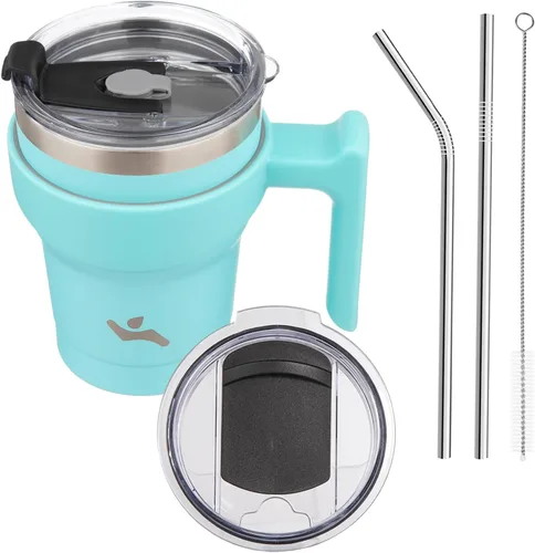 Miniatura 20 de Konokyo - Vaso de 10 onzas con asa y 2 popotes, 2 tapas, botella de agua aislada de acero inoxidable, taza de viaje reutilizable, color verde militar