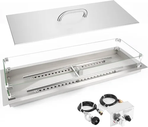 Miniatura 10 de GRISUN Inserto para hoguera de 18 x 18 pulgadas, bandeja cuadrada de quemador de gas con protector de viento de vidrio y tapa de acero inoxidable