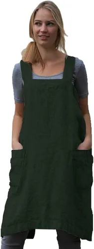 Miniatura 30 de Larmliss Delantal tipo pinafore cuadrado para mujer, para hornear, cocinar, jardinería, con espalda cruzada, mezcla de algodón/lino, con 2 bolsillos