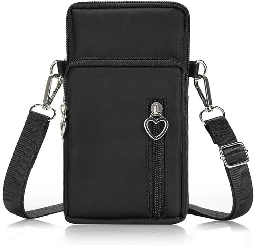 Bolso cruzado de nailon para mujer para viaje, bolso de hombro para teléfono celular con pulsera, brazalete deportivo, cartera para teléfono Negro