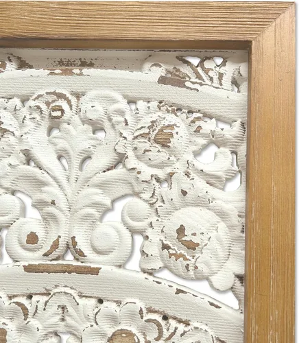 Miniatura 5 de XIAOAIKA Arte de Pared Tallado Boho, Paneles Blancos Envejecidos Antiguos de 31.5 Pulgadas, Escultura Decorativa Tallada a Mano para Sala de Estar