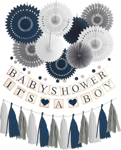 Miniatura 6 de MEANT2TOBE Decoraciones de baby shower para niño, con tema de elefante, azul, gris, blanco, juego de 14 piezas, incluye pancarta, abanicos de papel