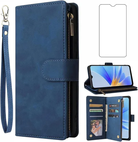 Asuwish Funda tipo cartera compatible con Oppo A17 y protector de pantalla de vidrio templado, funda de cuero con tapa para tarjetero, accesorios de