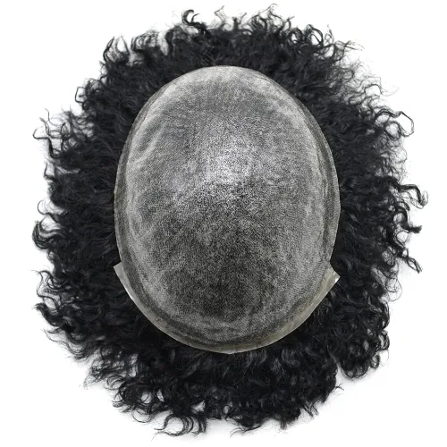 Miniatura 4 de Afro Curl Toupee para hombres negros, sistema de reemplazo de cabello humano afroamericano para hombre, unidad duradera, inyección rizada, piezas