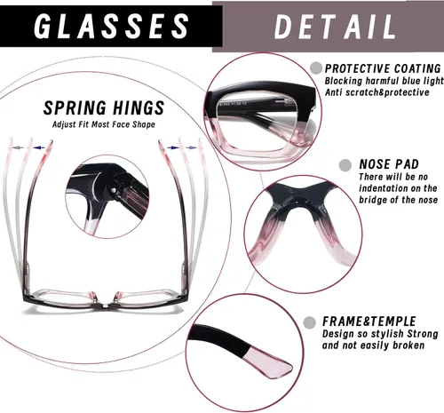 Miniatura 4 de Hubeye Oprah Style - Lentes de lectura para mujeres y hombres, bloqueo de luz azul, para computadora con bisagra de resorte Negro+negro rosa+rosa