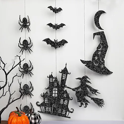 Miniatura 3 de Guirnalda colgante de Halloween negra con purpurina, fantasmas, brujas, murciélagos, arañas, casa encantada, gato y más, suministros de fiesta