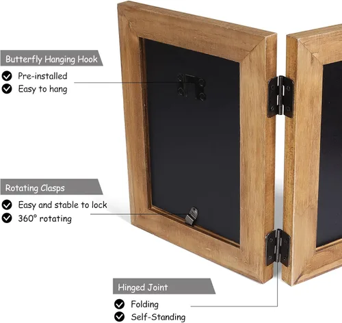 Miniatura 5 de Portarretratos de 5 x 7, doble bisagra horizontal de madera con marco de fotos plegable con frente de cristal real en grano de madera envejecido